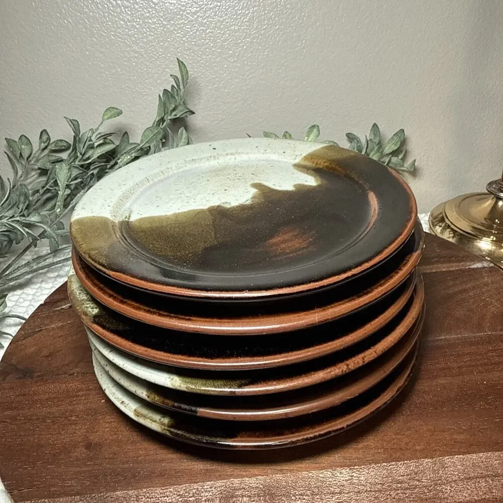 Set 6 Vintage Stornoway Pottery Salad Dessert Plates Brown Drip Glaze MCM 7.25”